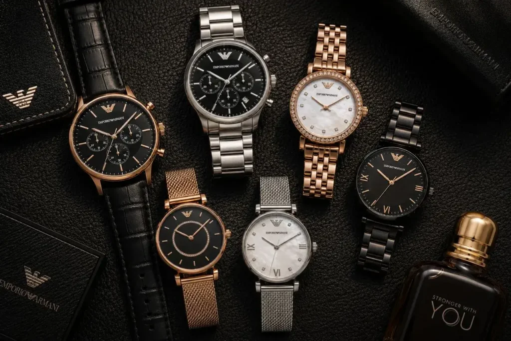 Luxury Emporio Armani timepieces flatlay