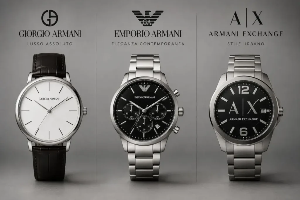 Luxury watches showcase in grey tones Giorgio Armani vs Emporio Armani vs Armani Exchange