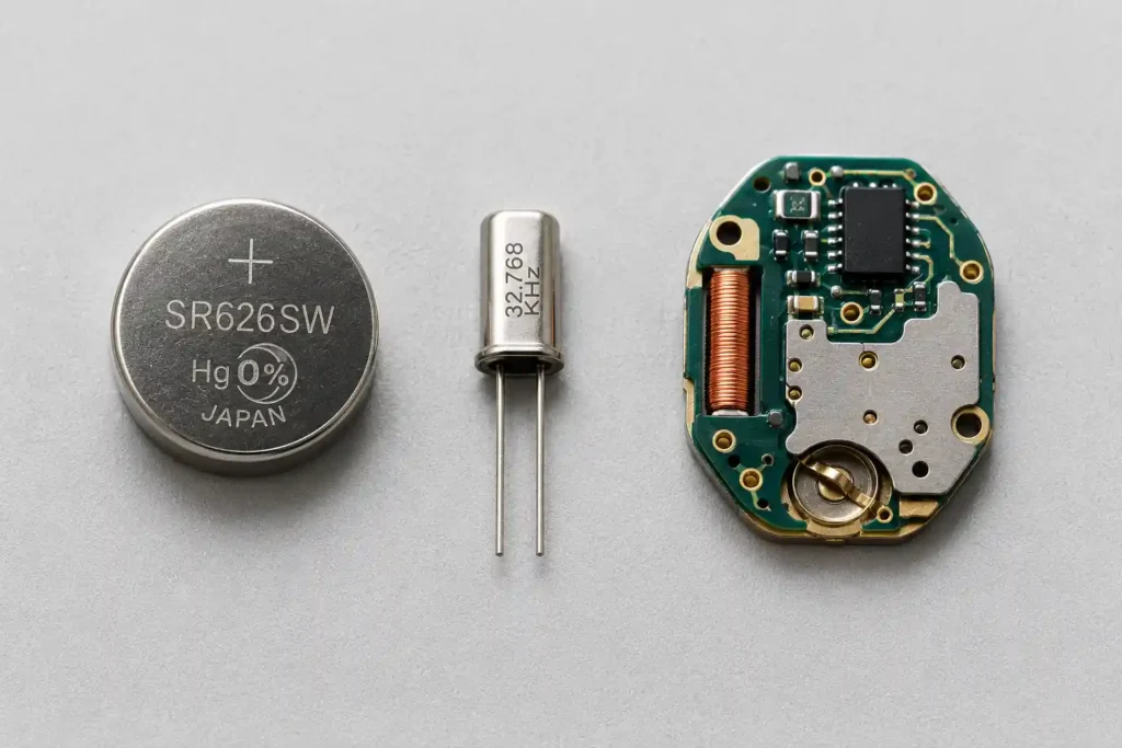 3 Watch components in clean flat-lay arrangement Mechanical vs Quartz Watch