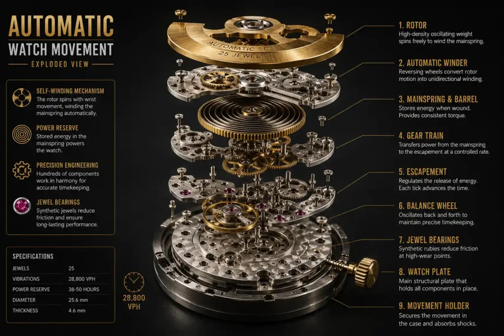 4 Exploded view of automatic watch movement