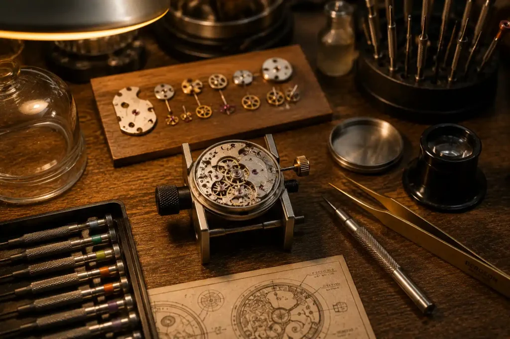 6 Watchmakers precision workspace in amber light