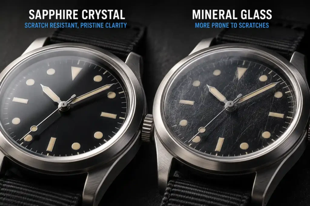 4 Side by side macro comparison of two watch crystals Sapphire Crystal vs Mineral Glass
