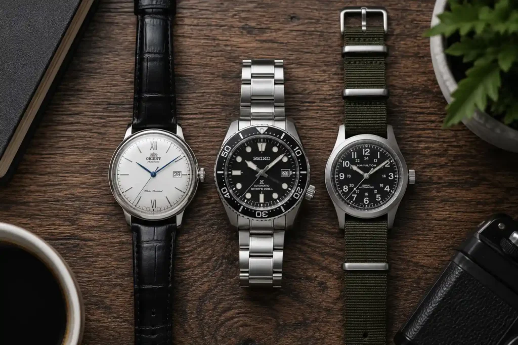 7 Three Watches on a Rustic Tabletop